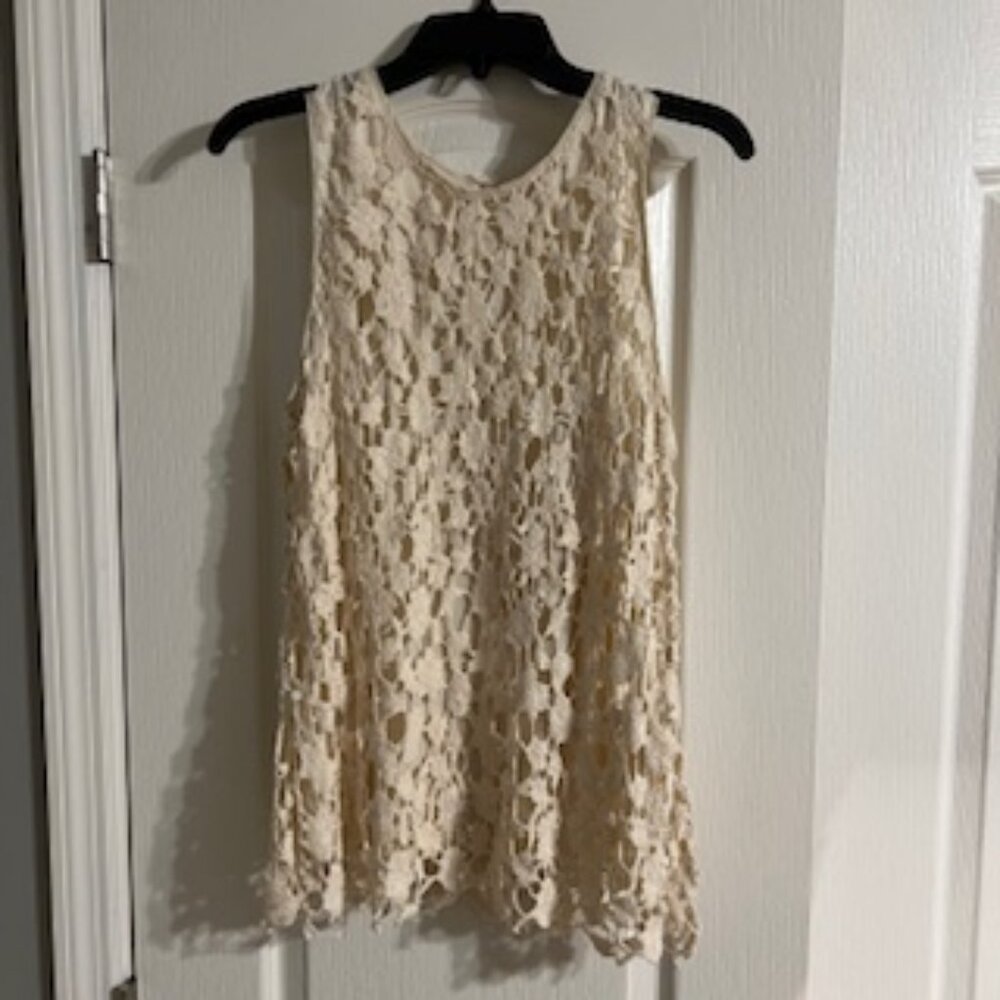 Adiva Women's Lace Crocheted Lined Sleeveless Cream Top Large